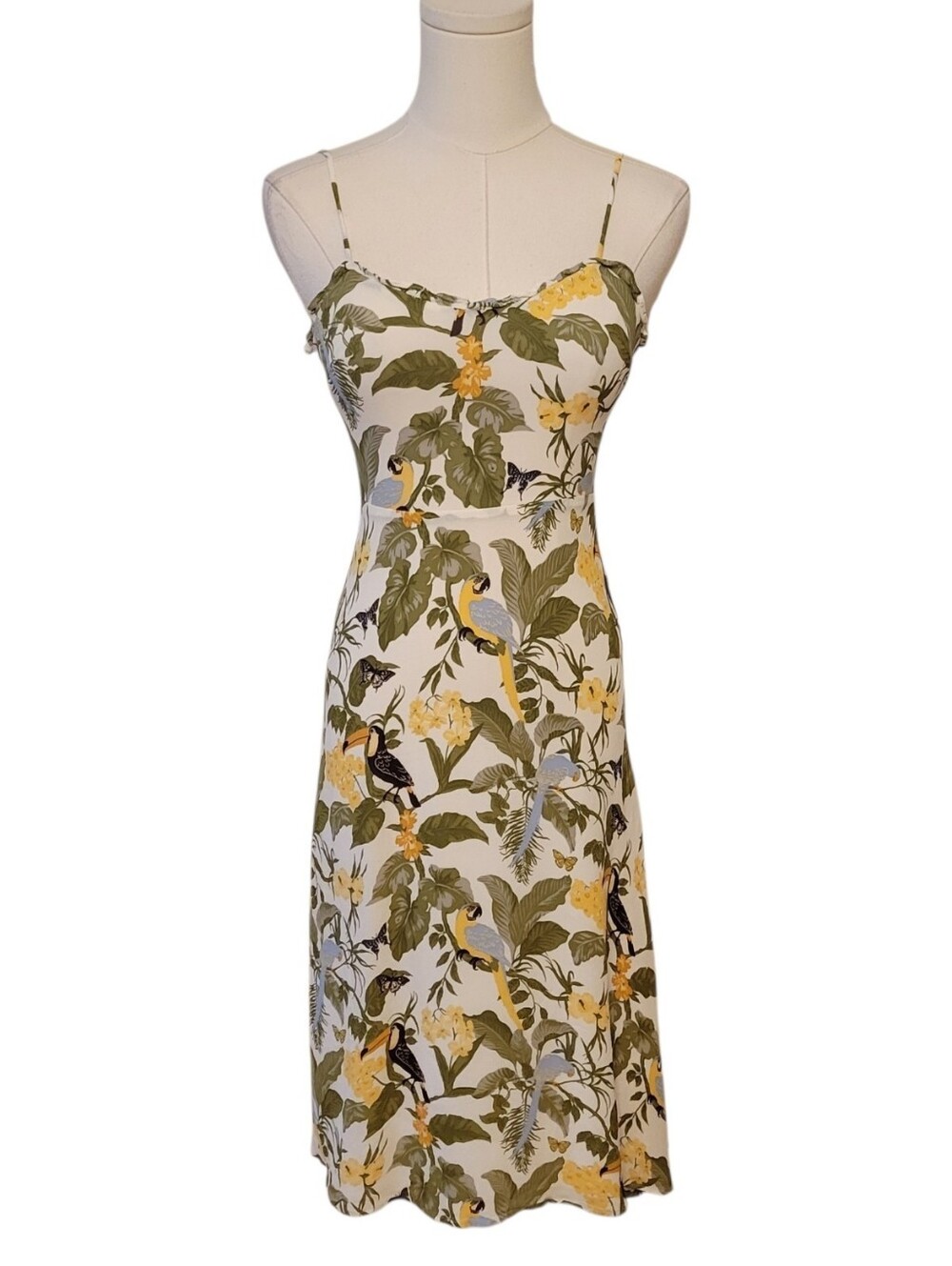 Reformation White Tropics Bird Print Midi Fit & Flare Dress‎ Size 0